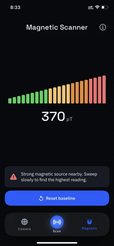 Spyzero magnetic field scanner showing a 370 microtesla reading from a strong magnetic source nearby