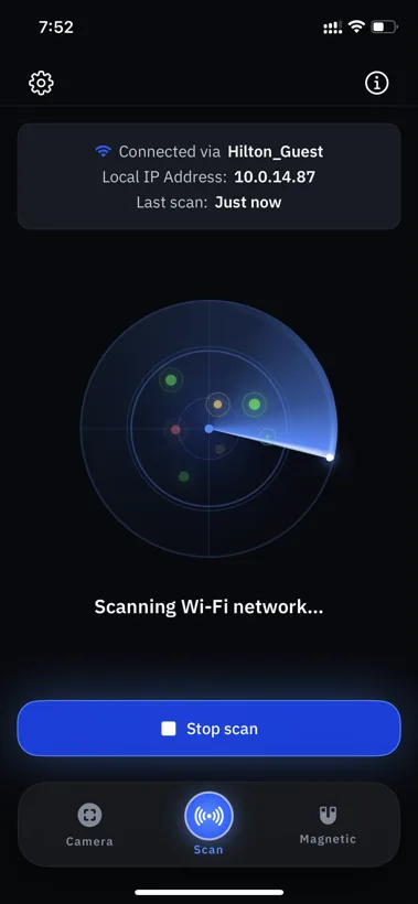 Spyzero radar sweep scanning a Wi-Fi network for hidden IP cameras