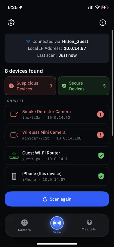Spyzero scan results screen listing detected devices on the network